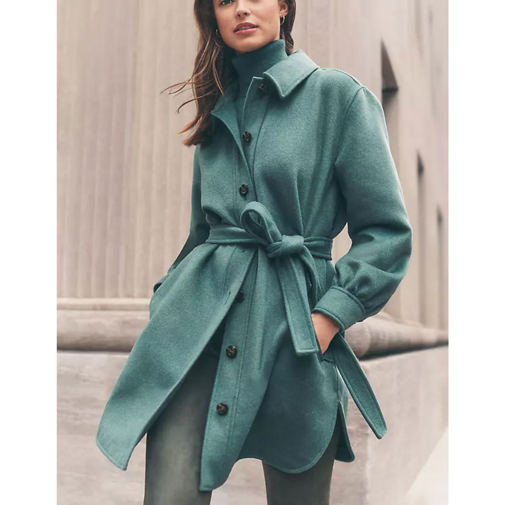 NEW ANN TAYLOR TEAL ISLE GREEN PETITE BELTED WOOL BLEND SHIRT JACKET COAT SZ SP